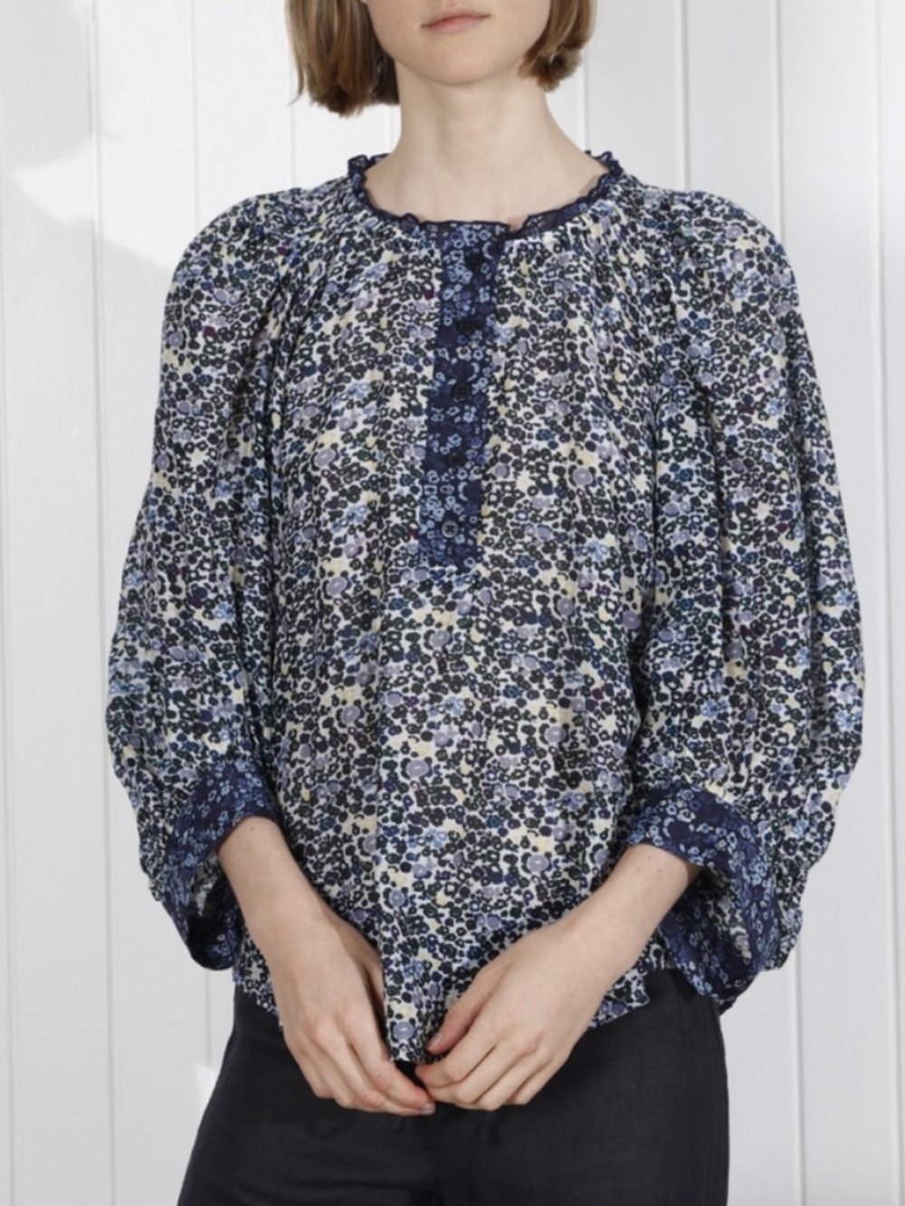 Apiece Apart Everlasting Top Size 4 Navy Floral Silk Blend Blue Balloon Sleeve